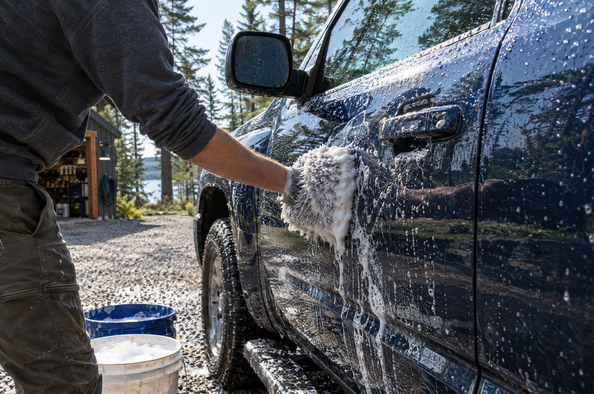 A truck being washed by hand