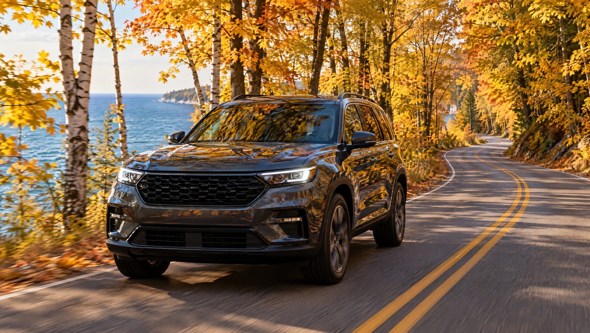 An SUV on a road through fall color by the lake