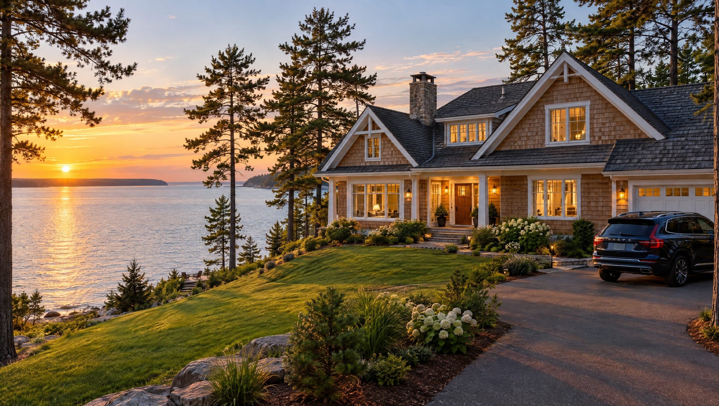 A shingled lake home with its windows lit at sunset on a Northern Michigan shore